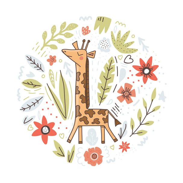 Giraffe hand-drawn illustration. African cartoon animal character on a floral background. Multicolor vector flowers and leaves. Wild mammal on round botanical print poster backdrop  - Vettoriali, immagini