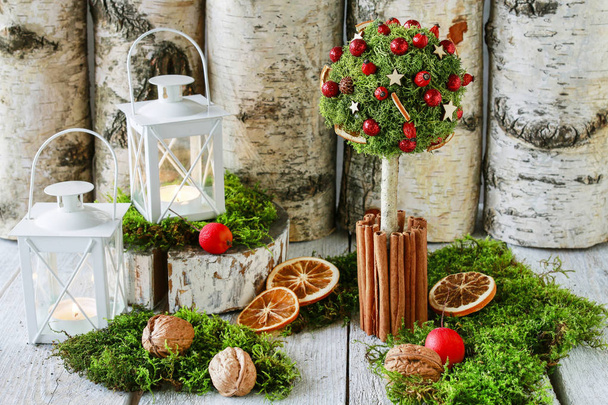 Beautiful Christmas decoration in tree shape with moss, cinnamon - 写真・画像