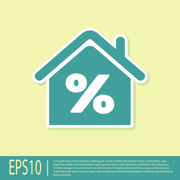 Green House with percant discount tag icon isolated on yellow background. House percentage sign price. Real estate home. Credit percentage symbol. Vector Illustration - Vector, Image
