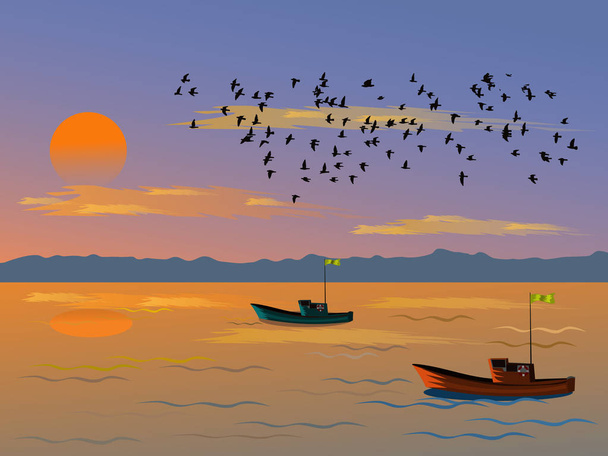 Vissersboot zeilen in de avond zee. Hebben een zonsondergang en berg achtergrond - Vector, afbeelding