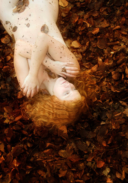 Piękna seksowna śliczna młoda ruda dziewczyna leżąca na czerwonym złotym jesiennym liście, pokryta ramionami, z zmysłowym uśmiechem w twarz, Kopiuj przestrzeń - Zdjęcie, obraz