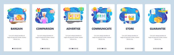 Mobile app onboarding screens. Online shopping, package delivery, sale advertisement. Menu vector banner template for website and mobile development. Web site design flat illustration - Vector, Image