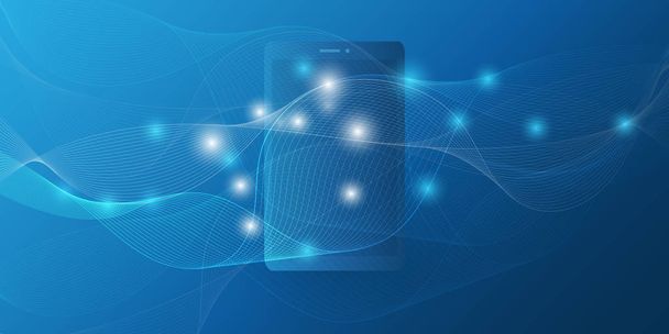 abstraktes blaues minimales Cloud Computing, Netzwerkstruktur, Konzeption von Telekommunikationskonzepten, Netzwerkverbindungen, transparentes geometrisches Wellengeflecht mit Smartphone - Vektorillustration - Vektor, Bild