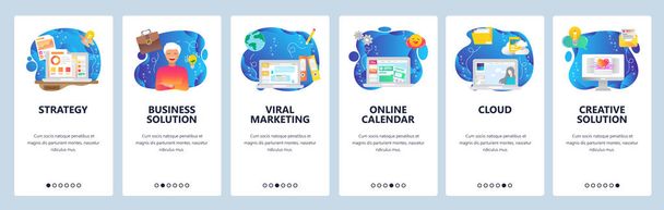 Mobile app onboarding screens. Cloud storage, viral marketing, business strategy, financial charts. Menu vector banner template for website and mobile development. Web site design flat illustration - Vector, Image