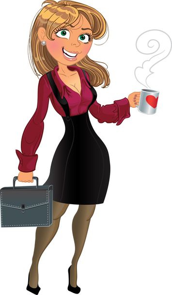 Blond in wine red chemise with cup of tea or coffee - Vektor, kép