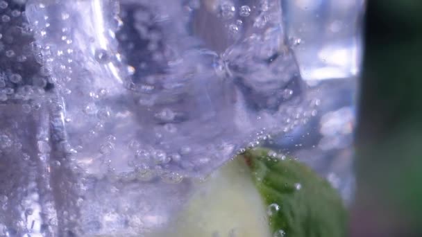 slices of juicy lime and ice cubes float in a glass of sparkling water. The camera moves up. Macro mode. - Footage, Video