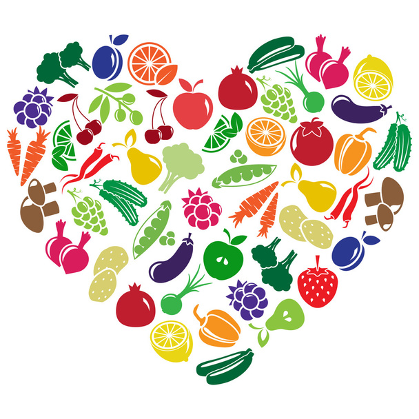 Vector heart made of fruits and vegetables - Vector, Imagen