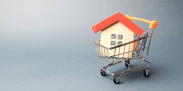 Wooden house in a Supermarket trolley. The concept of buying a house or apartment. Affordable housing. Profitable and cheap loans for real estate. Buying a home. Mortgage and loan. Place for text - Valokuva, kuva