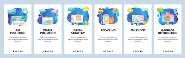 Mobile app onboarding screens. Air and water pollution, waste sorting and recycling, city pollution, ecology and environment. Vector banners for website and mobile development. Web site illustration - Vector, Image