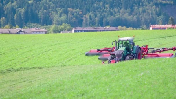 Boeren krijgen op het veld omdat ze gras moeten snijden met landbouwmachines. De dag is mooi en zonnig. - Video