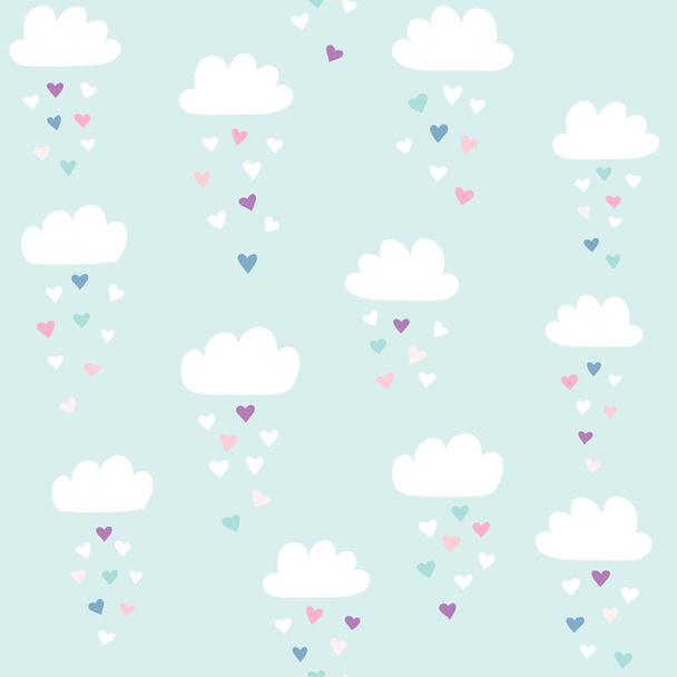 Clouds vector pattern with colorful hearts rain. Cute seamless background for Valentines day. Illustration for babies, kids. - Vektor, Bild