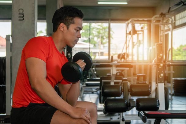 male having exercise lifting dumbbell in gym - Photo, image