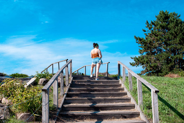 Widok z tyłu młodej kobiety w krótkich spodenkach wspinania się po schodach w letnim parku w słoneczny dzień - Zdjęcie, obraz