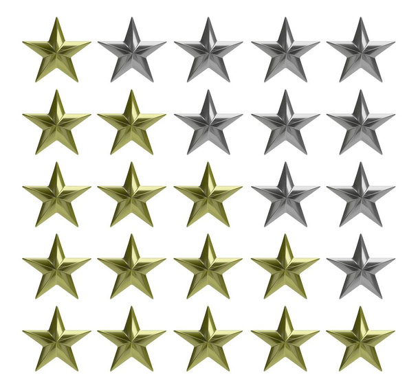 Arany és ezüst csillagok eredménytáblája ellen fehér háttér. 3D-illusztráció - Fotó, kép