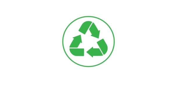 Recycle icoon animatie. Groene pijlen op een witte achtergrond. Tekst recyclen. - Video