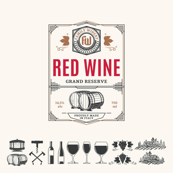 Vector vintage thin line style red wine label - Vector, Image