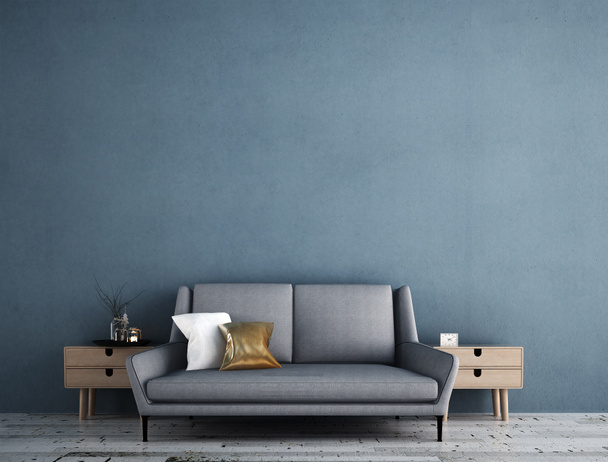 Modern oturma odası ve mavi duvar doku arka plan iç tasarım fikir kavramı - Fotoğraf, Görsel
