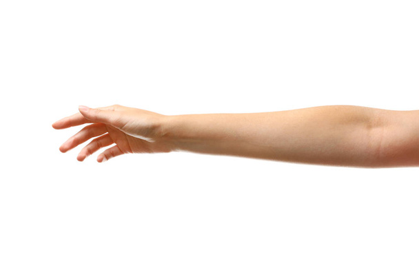 Young woman reaching hand for shake on white background, closeup - Foto, Imagem