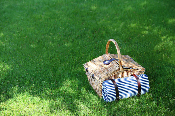 Cesta de piquenique com cobertor no gramado verde no jardim. Espaço para texto
 - Foto, Imagem