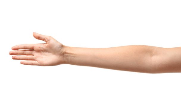 Young woman reaching hand for shake on white background, closeup - Valokuva, kuva