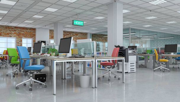 Renderização 3d - escritório em plano aberto - prédio de escritórios
 - Foto, Imagem