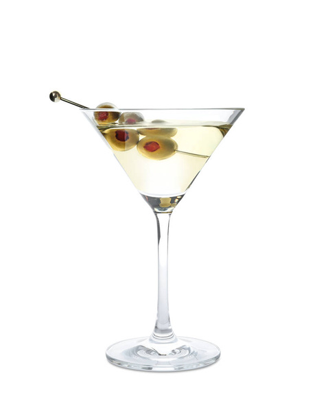 Glass of Classic Dry Martini with olives on white background - Фото, изображение