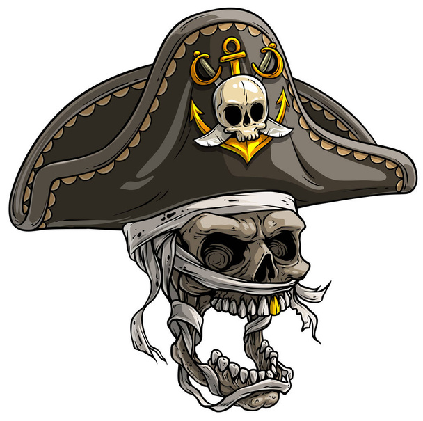 Cartoon mummy skull in pirate hat with anchor - Vector, Image