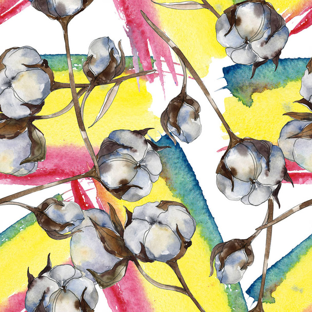White cotton floral botanical flowers. Watercolor illustration set. Seamless background pattern. - 写真・画像