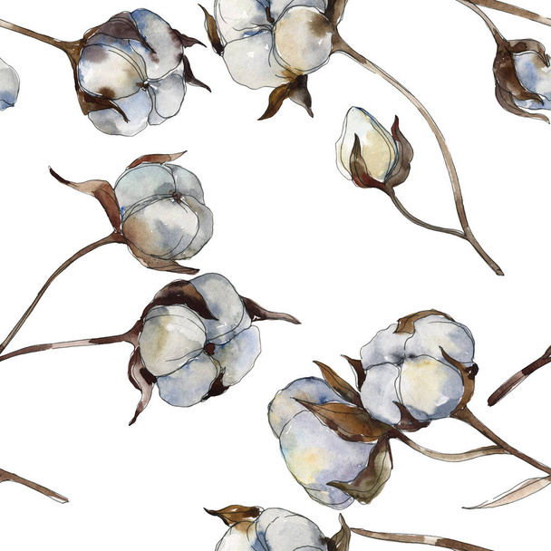 Botanische Blumen aus weißer Baumwolle. Aquarell-Illustrationsset vorhanden. nahtloses Hintergrundmuster. - Foto, Bild
