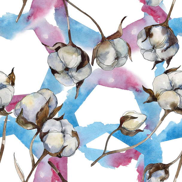 Witte katoenen bloemen botanische bloemen. Aquarel illustratie set. Naadloos achtergrond patroon. - Foto, afbeelding