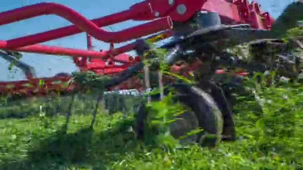 Er is veel gras tussen roterende harken. De boeren werken op de velden. - Video
