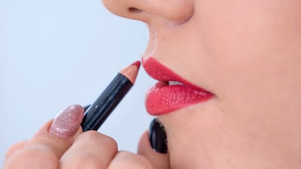 Un make up artist applica un liner labbro sulle labbra del cliente
. - Filmati, video