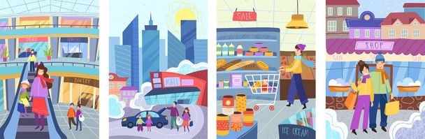 Σετ από τέσσερις πολύχρωμες αφίσες των οικογενειακών αγορών με μια μητέρα και μια κόρη σε ένα εμπορικό κέντρο - Διάνυσμα, εικόνα