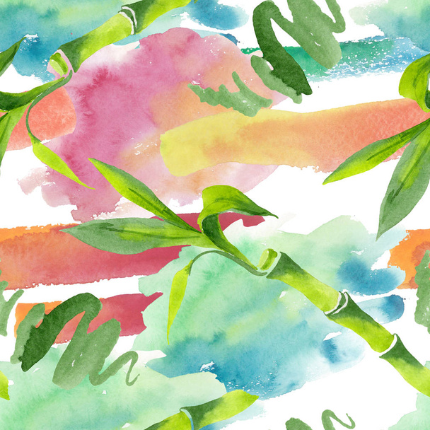 Bamboo green leaves. Watercolor background illustration set. Seamless background pattern. - Foto, imagen