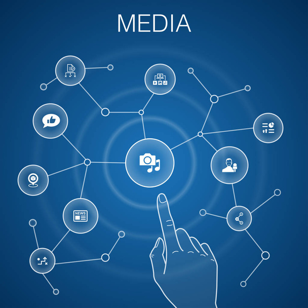 media concept, blauwe achtergrond. nieuws, reporter, infographics, media plan iconen - Vector, afbeelding