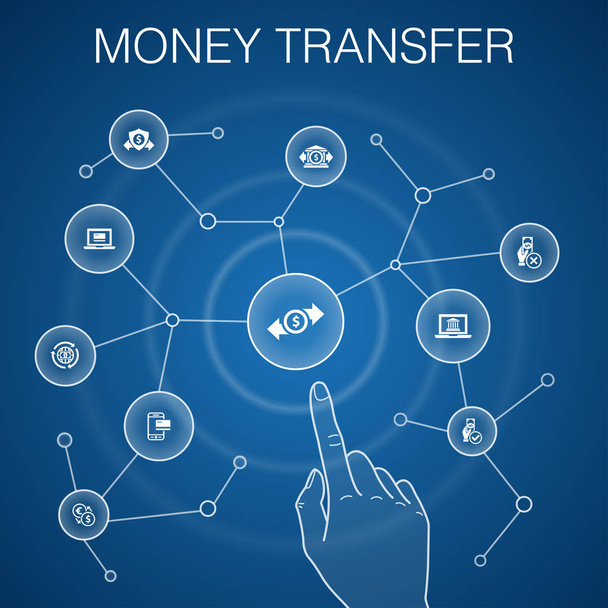koncepcja przelewu pieniężnego, niebieskie tło. płatności online, przelew bankowy, bezpieczna transakcja, zatwierdzone ikony płatności - Wektor, obraz