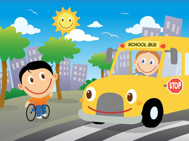 El chico feliz en silla de ruedas va a coger el autobús escolar. Vector
 - Vector, imagen