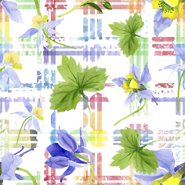 Fiori botanici floreali brugmansia giallo blu. Acquerello sfondo illustrazione set. Modello di sfondo senza soluzione di continuità
. - Foto, immagini