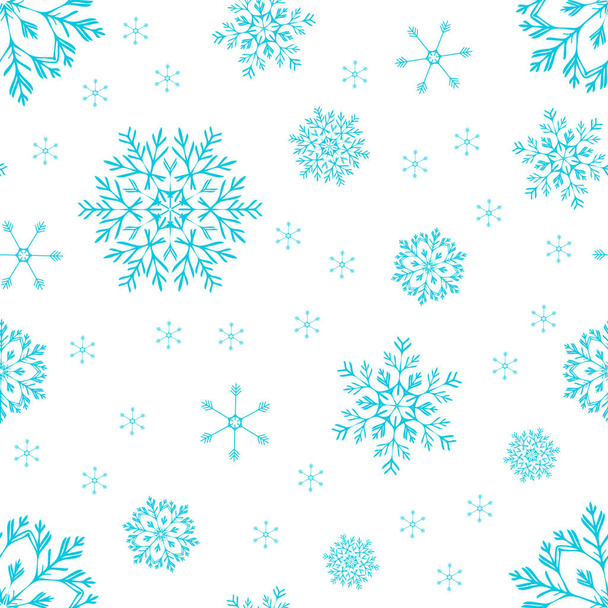 Λεπτές, όμορφες, μπλε, απομονωμένες χιονονιφάδες διαφορετικού μεγέθους σε λευκό φόντο. Χωρίς ραφές διανυσματικό μοτίβο για εκτύπωση ή διακόσμηση - Διάνυσμα, εικόνα