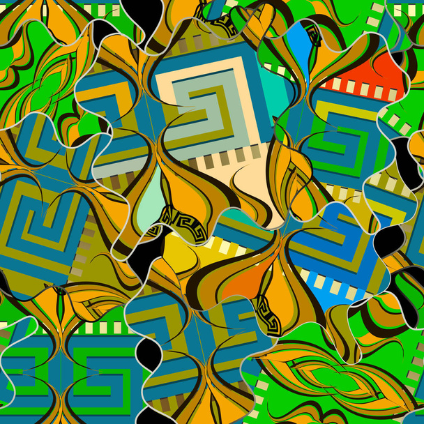 パッチワークカラフルなベクトルシームレスパターン。幾何学的な装飾的なギリシャの背景。ペイズリーの花、ストライプ、ライン、形状、正方形、波と現代抽象的なストライプギリシャのキーメアンダーの装飾. - ベクター画像