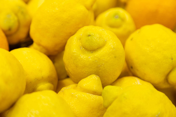 Żółty dojrzałe cytryny zbliżenie dla przemysłu spożywczego lub rolnictwa tle - Zdjęcie, obraz
