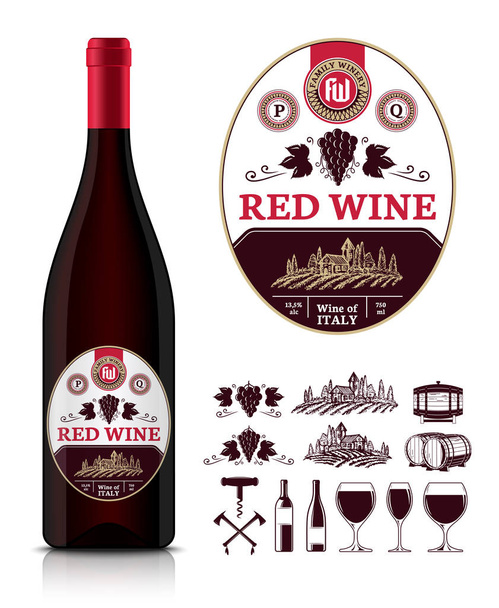 Vektör vintage kırmızı şarap etiketi ve şarap şişesi mocku - Vektör, Görsel