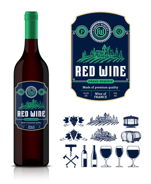 Červený vinný lístek a láhev na víno mocku - Vektor, obrázek