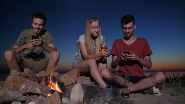 キャンプファイヤーの近くで携帯電話を使った旅行者のネットワーキング - 映像、動画