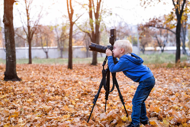 Der kleine blonde Junge schießt mit einer großen Slr-Kamera auf einem Stativ. Fotosession im Herbstpark - Foto, Bild