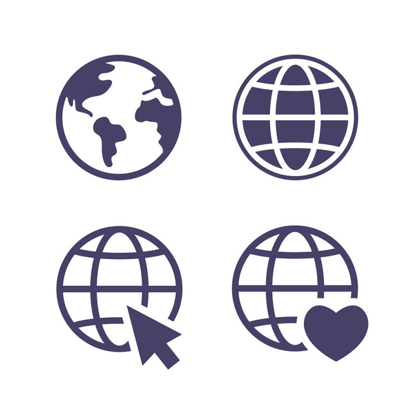 conjunto de símbolos de ícone globo, vá para vetor de ícone web. site, conjunto de ícones de página inicial. Ícone terra, cursor e coração
 - Vetor, Imagem