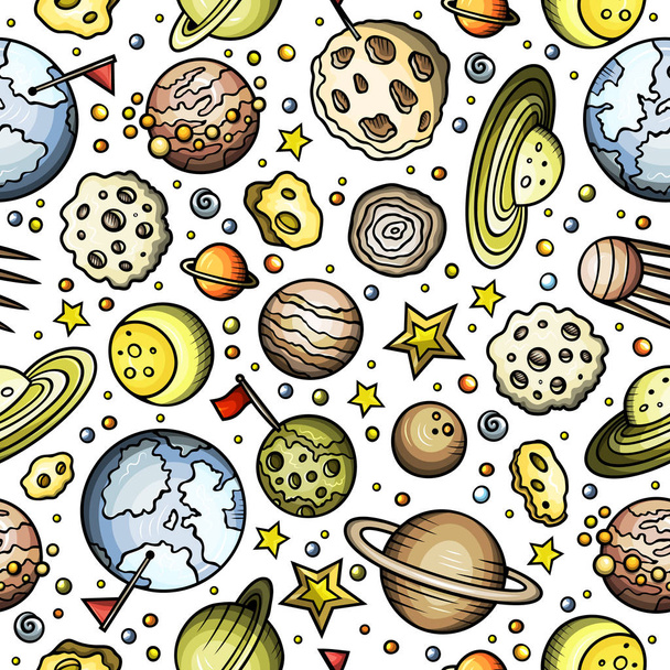 Karikatura kreslené vesmíru, planety bezešvé pattern - Vektor, obrázek