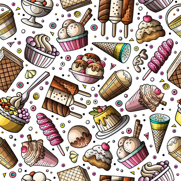 Cartoon hand-drawn ice cream doodles seamless pattern - Vector, Image