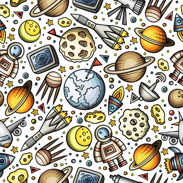 Cartoon hand-drawn space, planets seamless pattern - Vector, Image