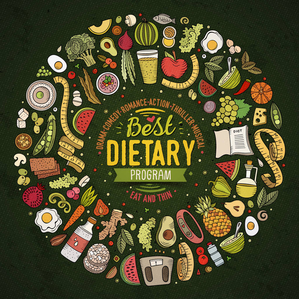Set van vector cartoon doodle Dieet voedsel objecten verzameld in een ronde rand - Vector, afbeelding